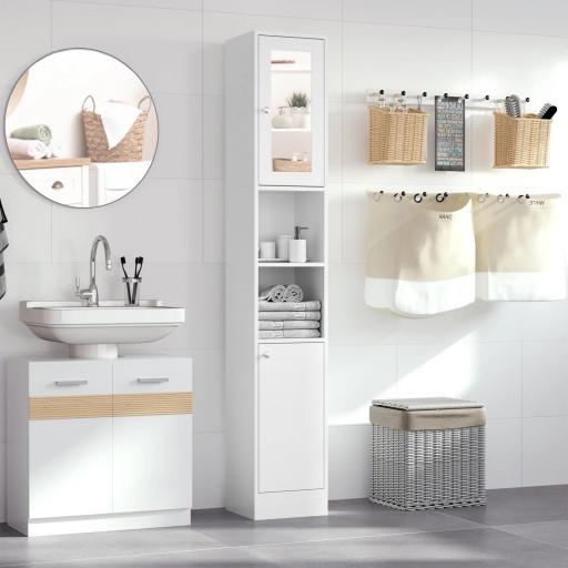 Armario Alto para Baño con Espejo Mueble Columna de Baño Madera con 2 Estantes Abiertos 2 Puertas y Baldas Interiores Ajustables 30x28x180 cm Blanco