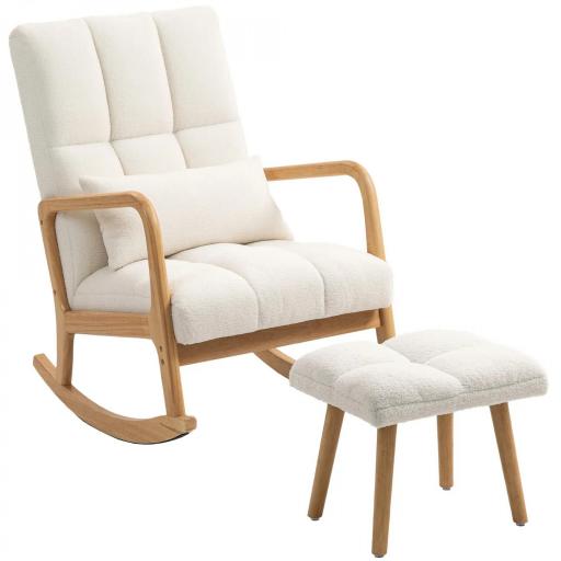 Silla Mecedora con Reposapiés Tapizado en Bouclé Cojín Acolchado y Reposabrazos y Patas de Madera Carga 120 kg Blanco [9]