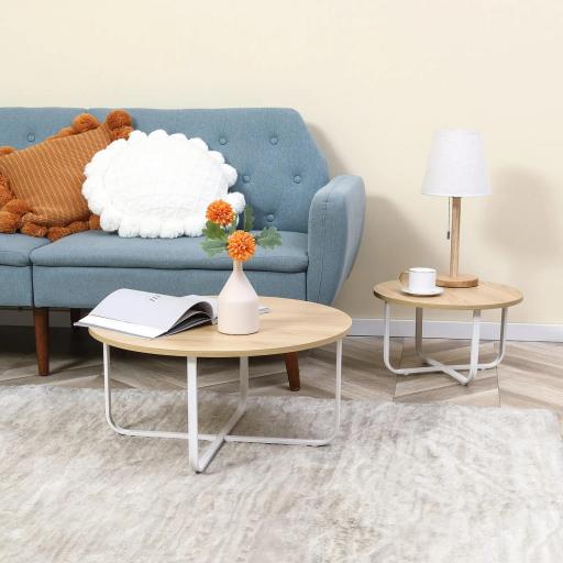 Juego de 2 Mesas de Centro Ø65x32 cm y Ø45x26 cm con Encimera de Madera y Patas de Metal Natural y Blanco [4]