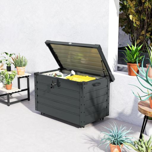 Baúl de Almacenaje Exterior de Acero Galvanizado con 4 Ruedas 2 Asas y Tapa con Cerradura 100x62x65 cm Gris Oscuro [6]