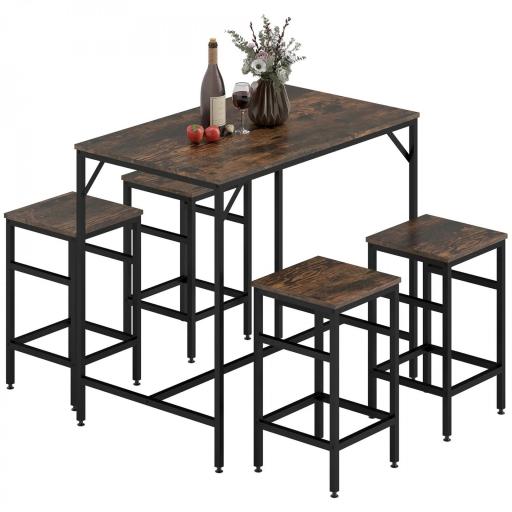 Mesa Alta de Cocina con 4 Taburetes Industrial Reposapiés Ahorro de Espacio para Espacios Reducidos Marrón Rústico [3]