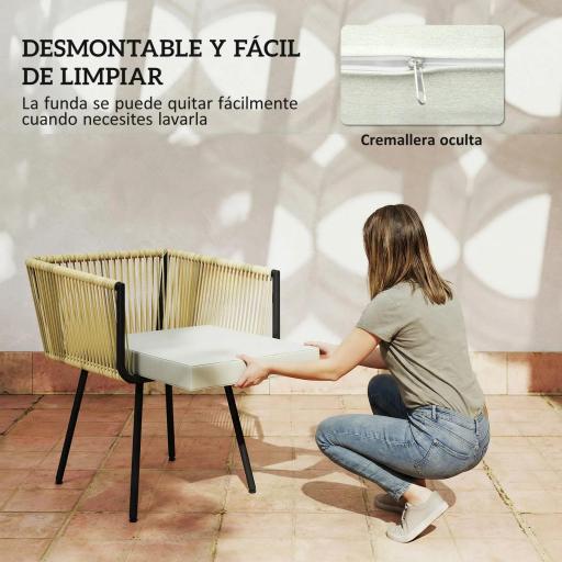 Conjunto de Mesa y Sillas Jardín de Ratán 5 Piezas con Mesa de Plástico-Madera 4 Sillas con Cojines Extraíbles Beige [5]
