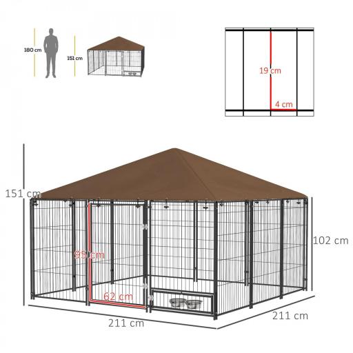 Perrera con Toldo y Soporte Giratorio para Comida 2 Cuencos Incluidos 211x211x151 cm Negro y Café [1]