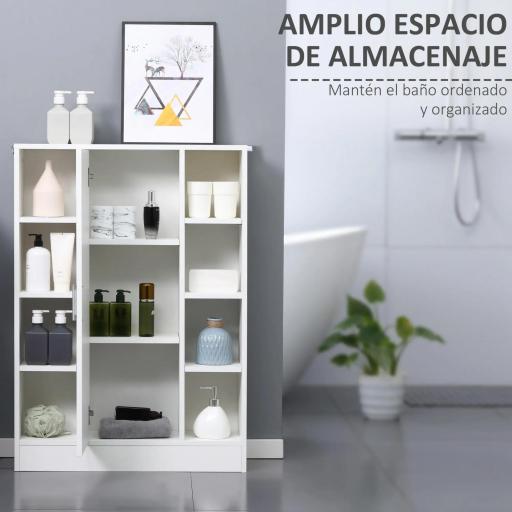Armario de Suelo para Baño de Madera con 8 Compartimentos Abiertos y 1 Puerta con Estantes Ajustables Mueble Auxiliar Multiusos para Cocina Salón 71x22x100 cm Blanco [2]