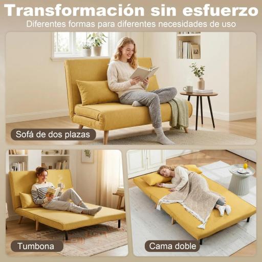 Sofá Cama de 2 Plazas Plegable Sofá Cama Tapizado en Lino con Respaldo Ajustable 5 Posiciones 2 Almohadas Amarillo [2]