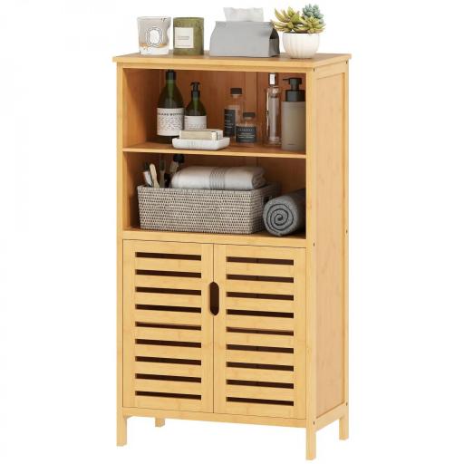 Mueble Auxiliar de Baño de Bambú Mueble de Baño con 2 Puertas 2 Estantes Abiertos y Patas Elevadas 50x29x92 cm Natural [8]