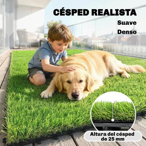 Césped Sintético de 22 Piezas Alfombra Césped Artificial 30x30 cm con Altura de Hierba 25 mm Drenaje Automático Verde [2]