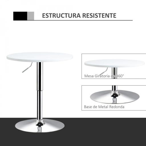 Mesa de Bar Regulable en Altura con Base Redonda y Antideslizante para Cocina Comedor Ø60x69-93 cm Blanco [5]