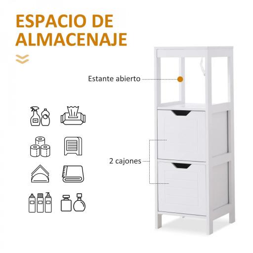 Armario de Baño Gabinete Multifuncional con Estante Abierto 2 Cajones de Almacenaje Diseño Antivuelco 30x30x89 cm Blanco [6]