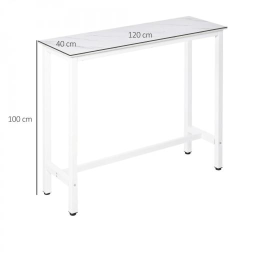Mesa de Bar Mesa Alta con Encimera de Melamina Efecto Marmoleado y Patas de Acero Estilo Moderno para Cocina Cafetería Comedor 120x40x100 cm Blanco [1]