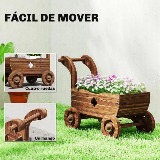 Carretilla de Madera Decorativa Jardinera Elevada con 4 Ruedas Asa Orificios de Drenaje 68x38x52 cm Carbonizado [2]