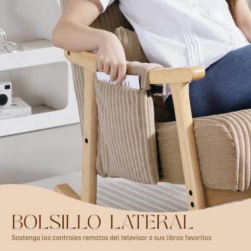 Silla Mecedora de Pana con Cojín Lumbar Patas y Reposabrazos de Madera de Caucho Bolsillo Estilo Moderno Marrón Claro [5]