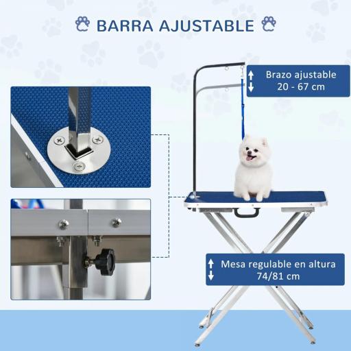Mesa de Peluquería para Mascotas con Encimera Antideslizante Patas Plegables Asa y Brazo 72x45x74-81 cm Azul [2]