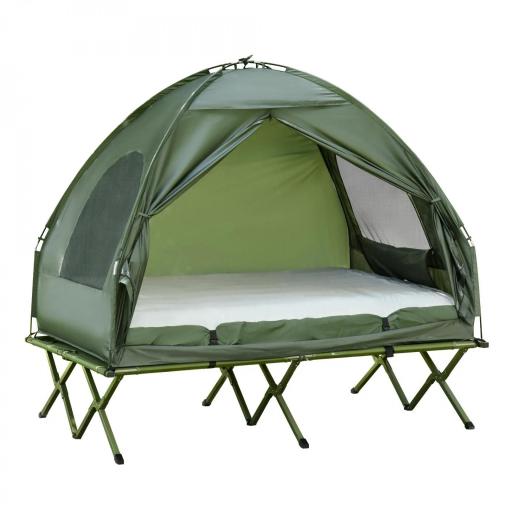 Cama Doble de Camping Plegable con Tienda de Campaña 4 en 1 Cama de Campamento Elevada con Colchón Hinchable y Bolsa de Transporte Tela Oxford Acero 193x145x180 cm Verde [11]