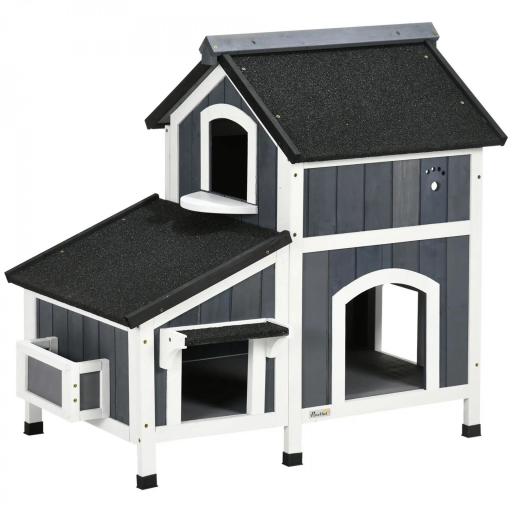 Caseta de Madera de Exterior para Gatos Casa para Gatos Refugio para Gatos de 2 Niveles 96x65x85,5 cm Gris [8]