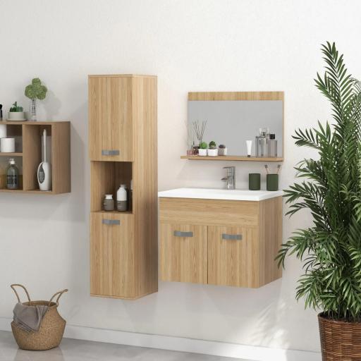 Conjunto de Muebles de Baño de Pared 3 Piezas Incluye Espejo Armario con Lavabo Cerámico y Columna de Baño Natural [5]