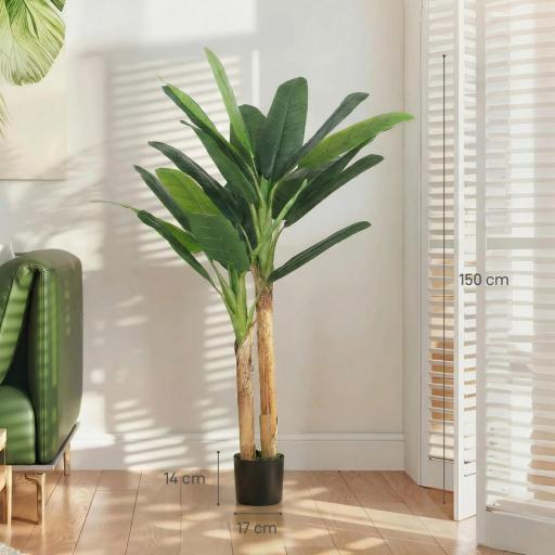 Árbol de Plátano Artificial 150 cm Planta Artificial Decorativa con Maceta y 2 Troncos para Hogar Oficina Salón Verde [7]