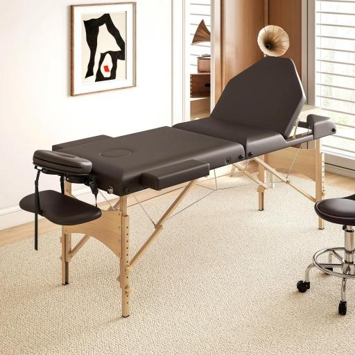 Camilla Masaje Plegable de Madera de 3 Zonas con Altura Respaldo Reposacabezas Ajustables Brazos 215x60x64-89 cm Marrón [4]