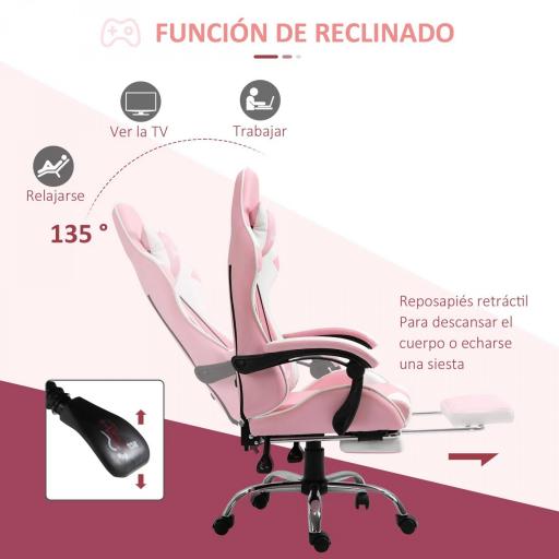 Silla Gamer Reclinable con Reposapiés Sillón Gaming con Reposacabezas Cojín Lumbar y Altura Ajustable 64x67x127 cm Rosa [4]