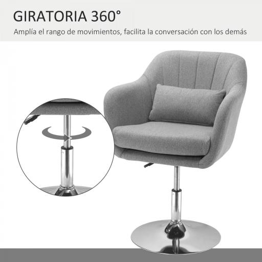 Sillón para Salón Giratorio 360° con Altura Ajustable Respaldo Envolvente Reposabrazos y Cojín 60x60x79-91 cm Gris [4]