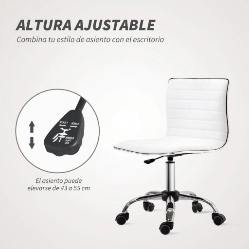 Silla de Escritorio sin Brazos Giratoria con Altura Ajustable Silla para Estudio Tapizada en PU Carga 120 kg Blanco [2]