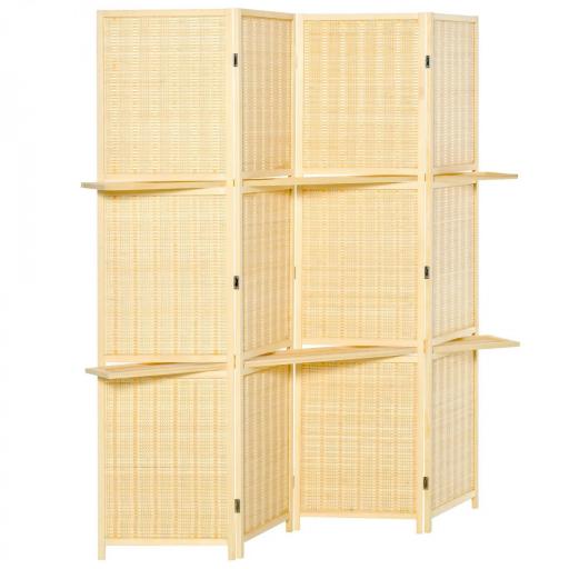 Biombo Separador de Ambientes Plegable de 4 Paneles con 2 Estantes Extraíbles para Dormitorio 180x180 cm Natural [8]