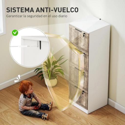 Cajonera de Escritorio con 4 Cajones Cerradura 2 Llaves Barras Colgantes para A4 Carta 39,4x40x129 cm Blanco y Madera [2]