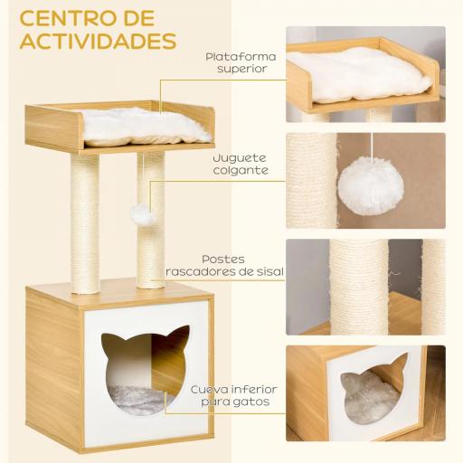Árbol para Gatos de 2 Niveles con Cueva Cama Superior Postes Rascadores de Sisal Natural Cojines Lavables y Bola de Juguete 35x35x81 cm Roble y Blanco [2]
