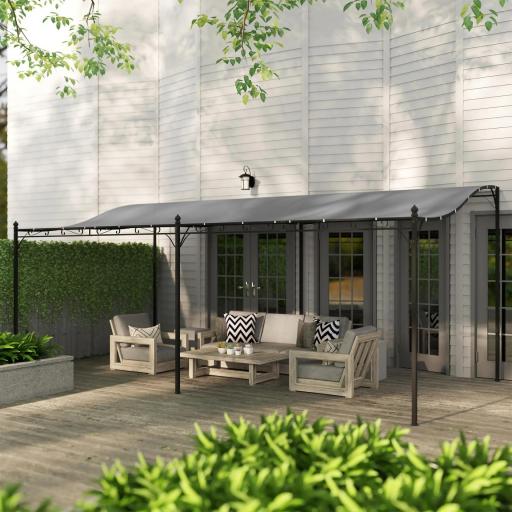 Pérgola de Pared 3x6 m con Techo Inclinado Orificios de Drenaje y Estructura Metálica Gris Oscuro [6]
