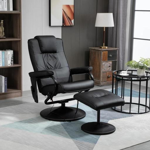 Sillón Relax Reclinable con Reposapiés Sillón de Masaje Eléctrico con 10 Puntos de Masaje Sillón Relax Giratorio con Mando a Distancia para Salón Oficina Negro