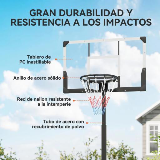 Canasta de Baloncesto para Exterior Ajustable de 230-305 cm con Tablero Irrompible Base Rellenable y Ruedas Negro [4]