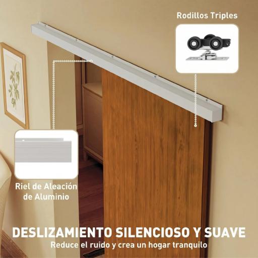 Puerta Corredera con Herrajes 90x210 cm con Rodillo Riel de Aluminio Guía de Suelo Marrón [4]