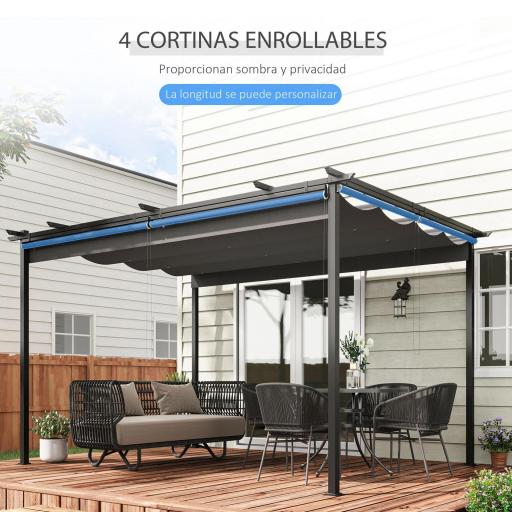 Pérgola de Jardín Cenador para Exterior con Techo Retráctil y 4 Cortinas Enrollables 4x3 m Gris Oscuro [4]