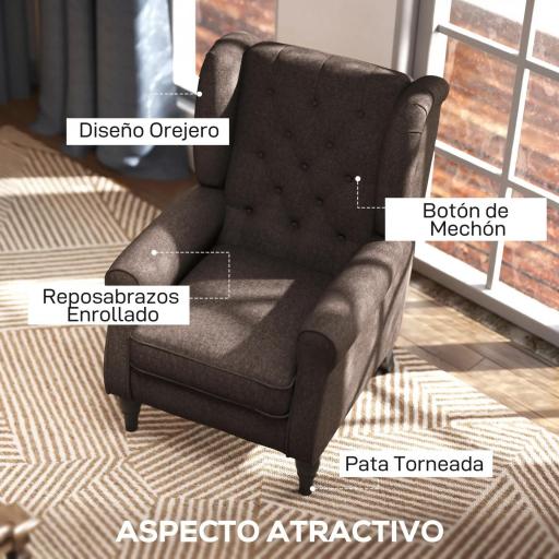 Sillón de Salón con Reposacabezas y Patas de Madera Butaca Carga 160 kg para Dormitorio Oficina Sala de Estar Marrón [2]