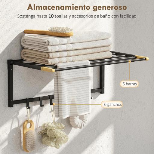 Toallero de Baño de Pared Toallero Plegable con 5 Barras y 6 Ganchos para Toallas Baño 60 cm Negro [7]