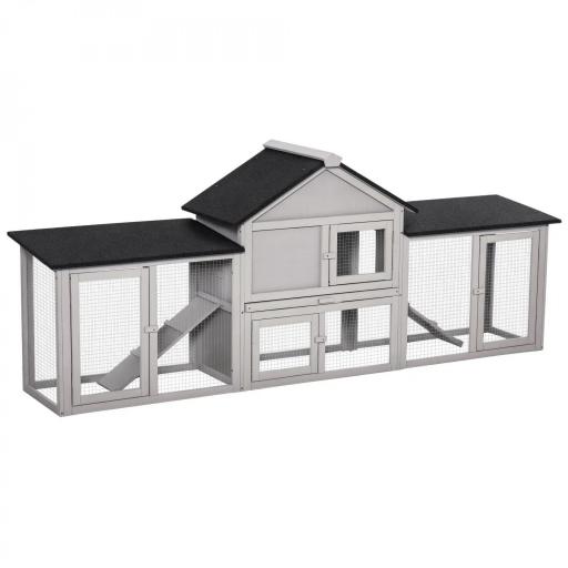Conejera de Exterior Grande Jaula de Madera para 2-4 Conejos con Techo Asfáltico Recinto de Alambre Bandeja Extraíble y Rampas 210x45,5x84,5 cm Gris y Negro [9]