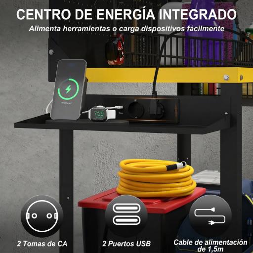 Banco de Trabajo con Panel Perforado Mesa de Trabajo con Enchufes Luz LED Ruedas Marco de Metal Negro y Amarillo [8]