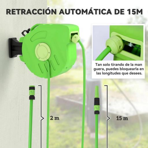 Carrete para Manguera 15M+1,5M Soporte Mural Portamanguera Roll-up Automático Giratorio 180° con Pistola de Pulverización Gran Alcance Base de Pared Conector de Manguera para Jardín Terraza [2]