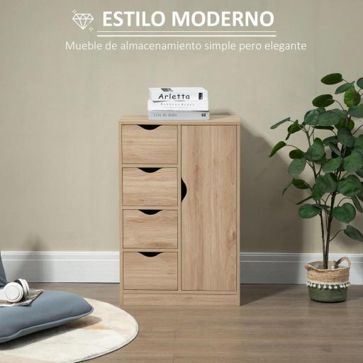 Armario de Salón Aparador Auxiliar con 4 Cajones 1 Puerta y Estante Interior Mueble de Almacenaje Multiusos para Baño Dormitorio Comedor 54x29x83 cm Roble [5]