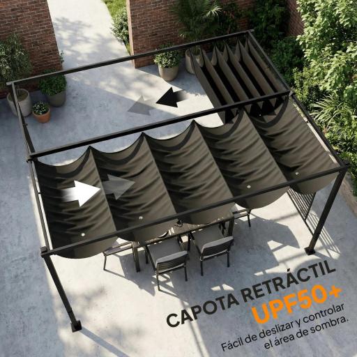 Pérgola de Jardín 4x3 m con Techo Retráctil 2 Paneles de Privacidad UPF50+ Cenador de Jardín para Patio Exterior Gris [5]