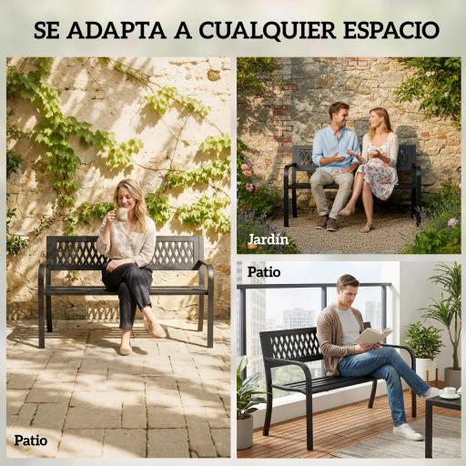 Banco de Jardín Exterior de 2 Plazas con Asiento Listonado Reposabrazos y Marco de Acero 119x50x75 cm Negro [7]