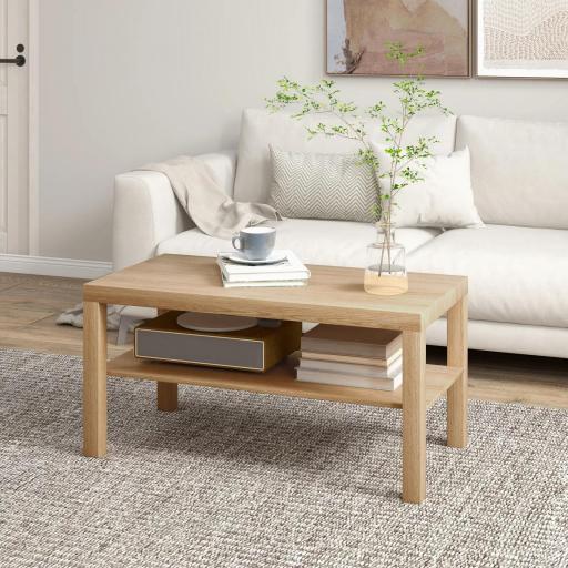 Mesa de Centro Moderna Mesa Baja con 2 Estantes de Almacenamiento Mesita para Salón Carga 20 kg 90x45x44,5 cm Natural