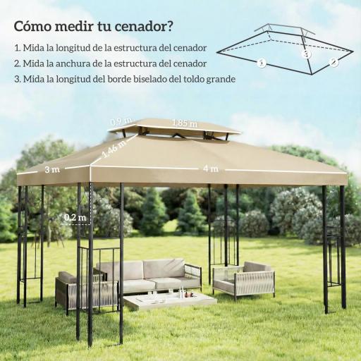 Toldo de Recambio 4x3 m con Techo Doble Orificios de Drenaje y Protección UV Solo Toldo NO Incluye Marco Blanco Crema [7]