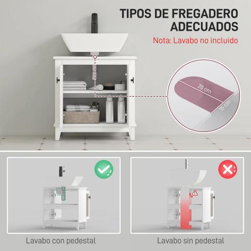 Mueble para Debajo del Lavabo con 2 Puertas 2 Estantes y Sistema Antivuelco para Cuarto Baño 60x30x60 cm Blanco [2]