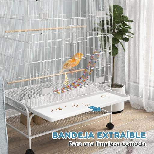 Jaula para Pájaros con Ruedas Bandeja Extraíble Puertas Comederos Perchas y Estante Inferior 79x49x133 cm Blanco [3]