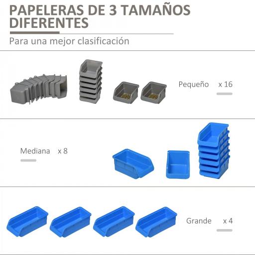 Estantería de Pared para Herramientas 54x95 cm con 28 Cajas Apilables y Diferentes Ganchos Gris y Azul [8]
