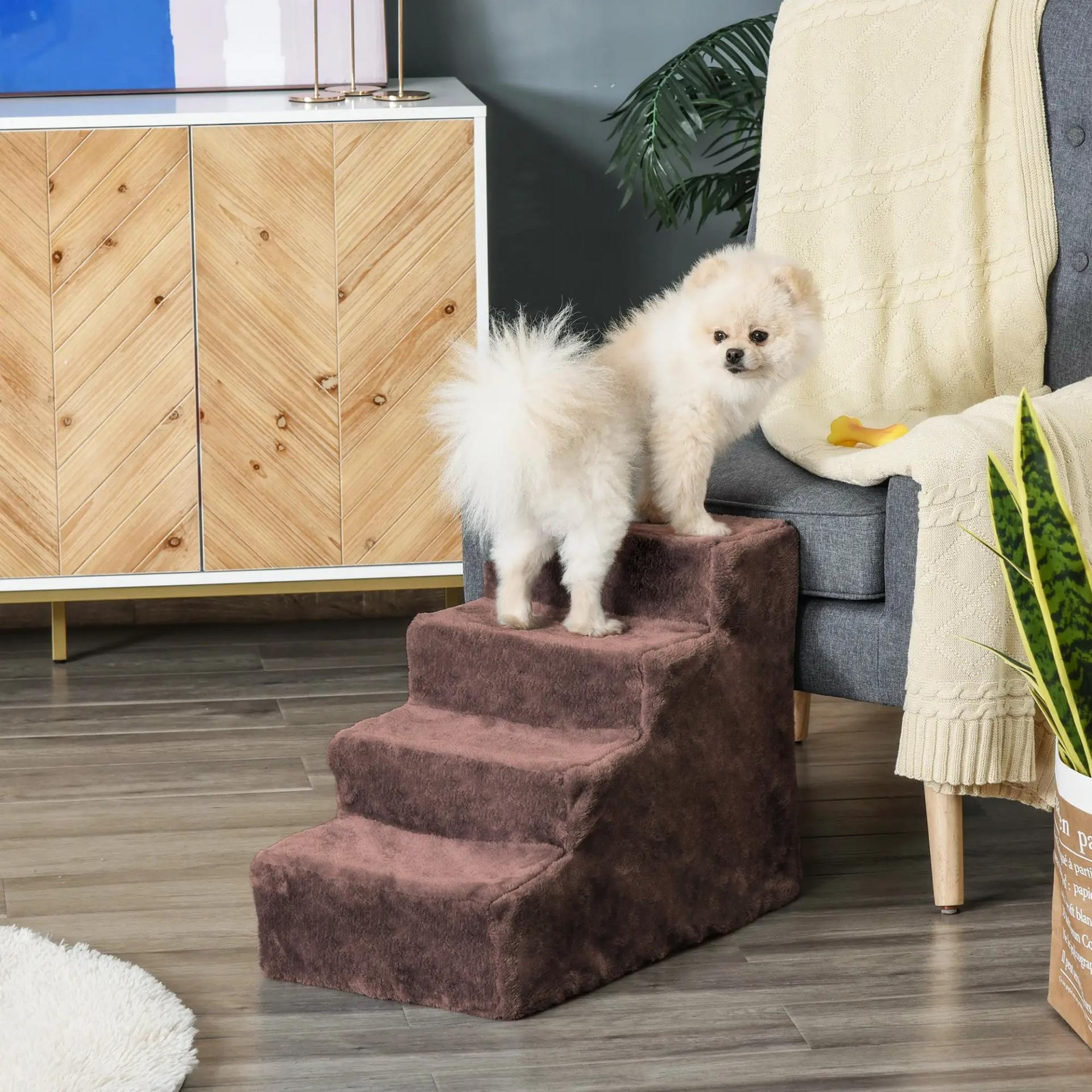 Escalera para Mascotas de 4 Peldaños con Funda Extraíble y Lavable para Cama Sofá 60x35x44 cm Marrón