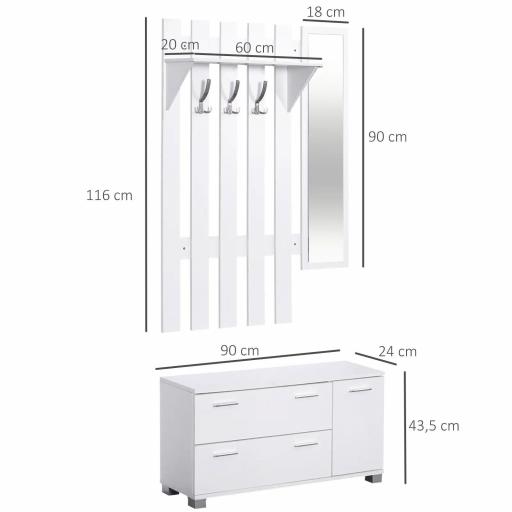 Conjunto de Recibidor de Entrada con Espejo Perchero Zapatero 3 Ganchos Estante y 2 Cajones para Pasillo Blanco [1]