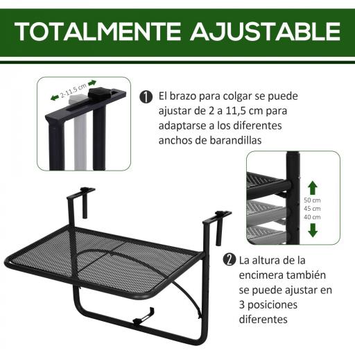 Mesa Colgante de Balcón con Brazo Regulable y Altura Ajustable en 3 Posiciones Marco Metálico 60x56x50 cm Negro [2]