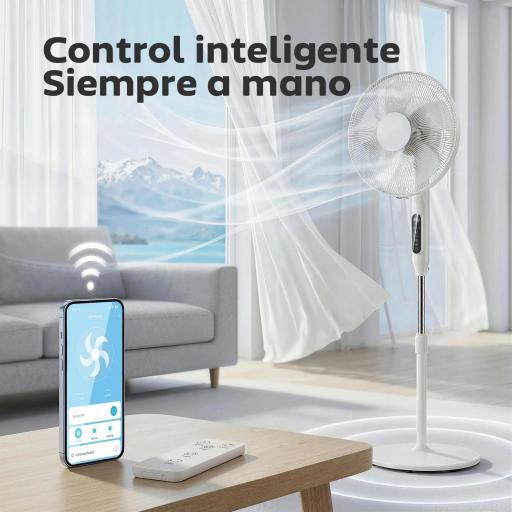 Ventilador de Pie con Control Remoto Función Wifi Altura Ajustable 3 Velocidades 3 Modos Oscilación Temporizador Blanco [5]